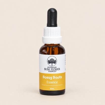 Australian Bush Flower Bossy Boots Essence Drops – 30ml — bottle front on beige background