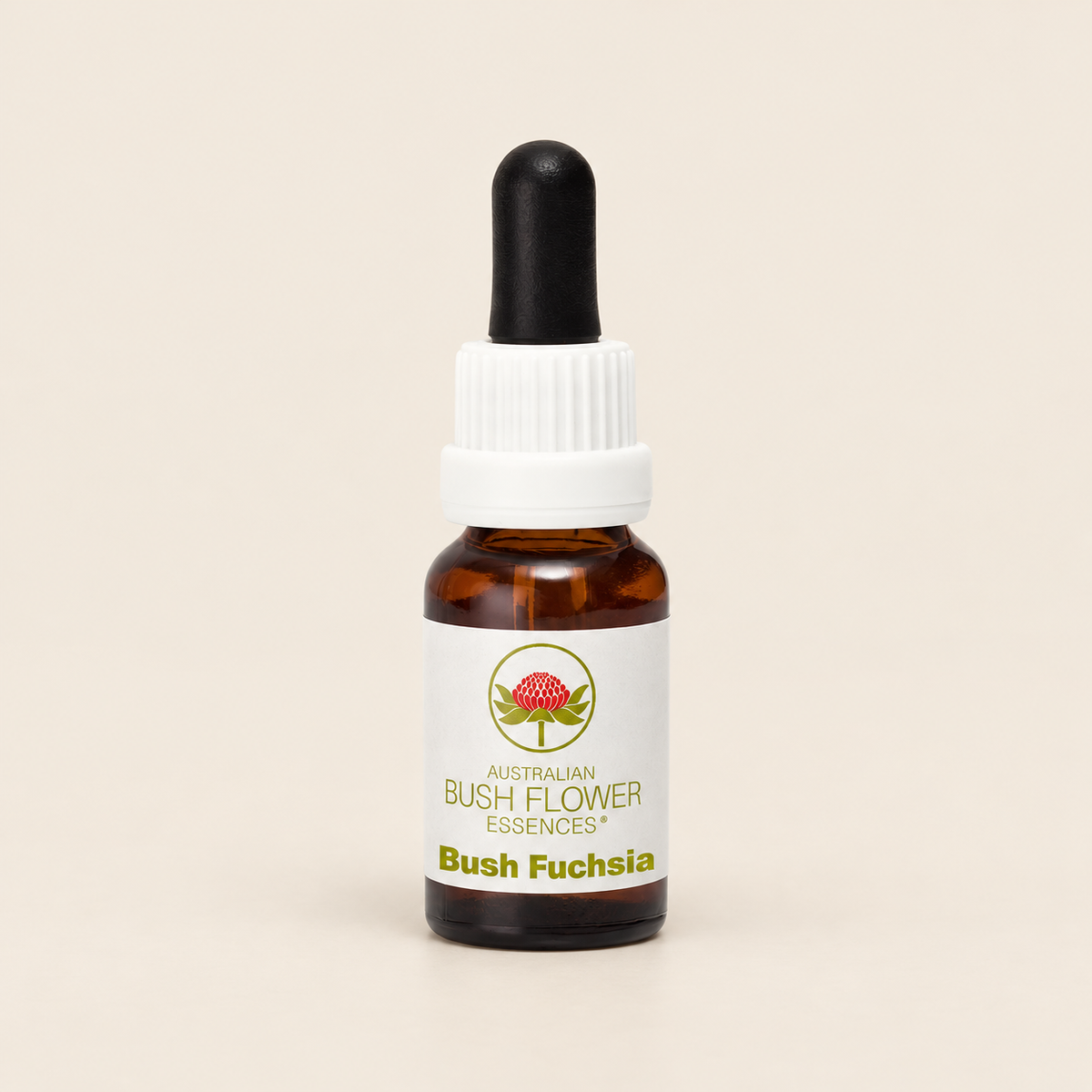 Australian Bush Flower bush fuchsia 15ml — bottle on a warm beige background