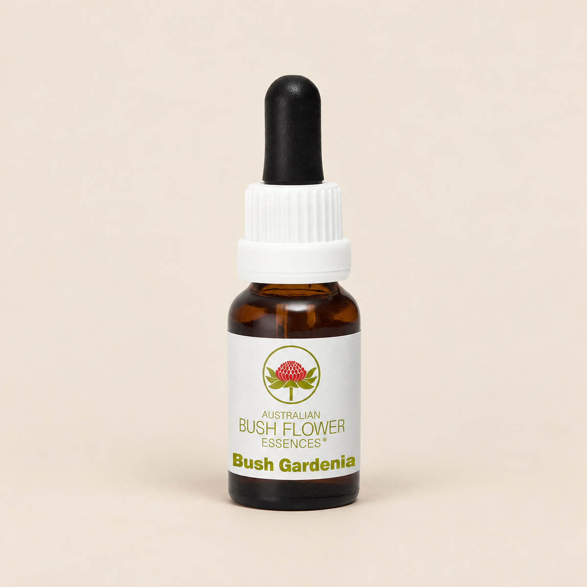 Australian Bush Flower bush gardenia 15ml — bottle on a warm beige background