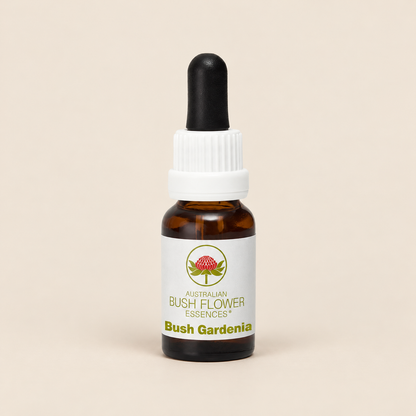 Australian Bush Flower bush gardenia 15ml — bottle on a warm beige background