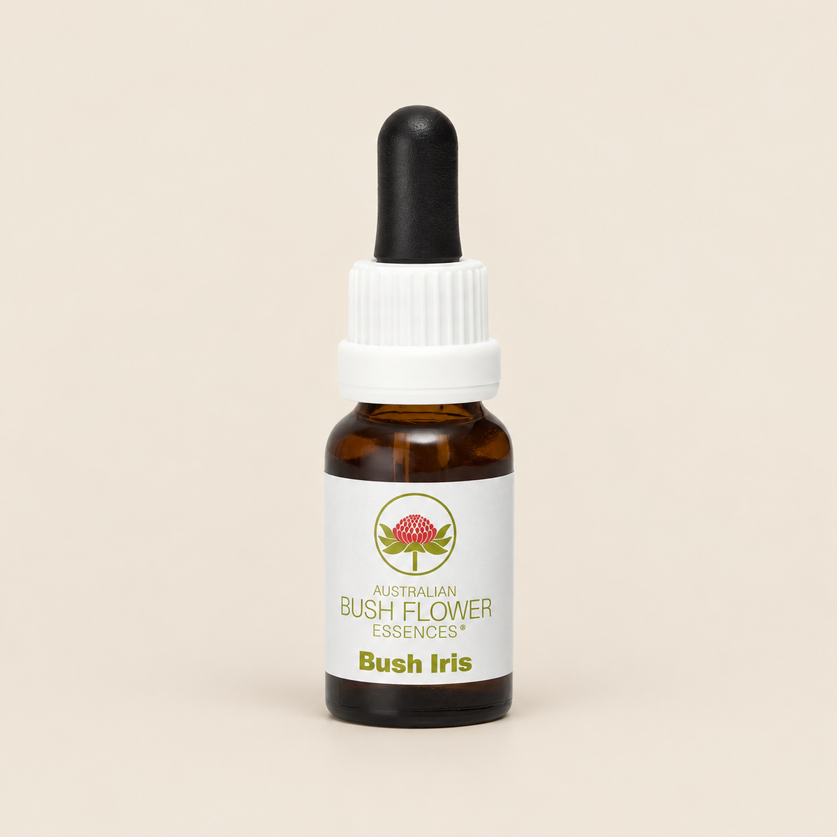 Australian Bush Flower bush iris 15ml — bottle on a warm beige background