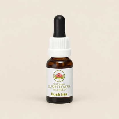 Australian Bush Flower bush iris 15ml — bottle on a warm beige background