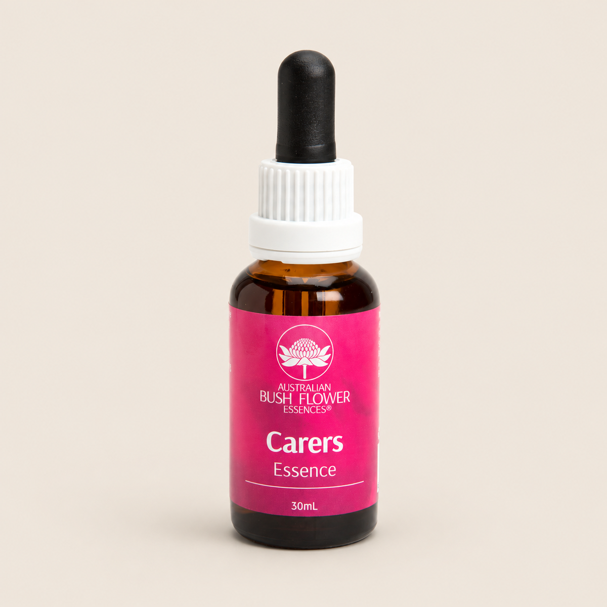 Australian Bush Flower Carers Essence Drops – 30ml — bottle front on beige background