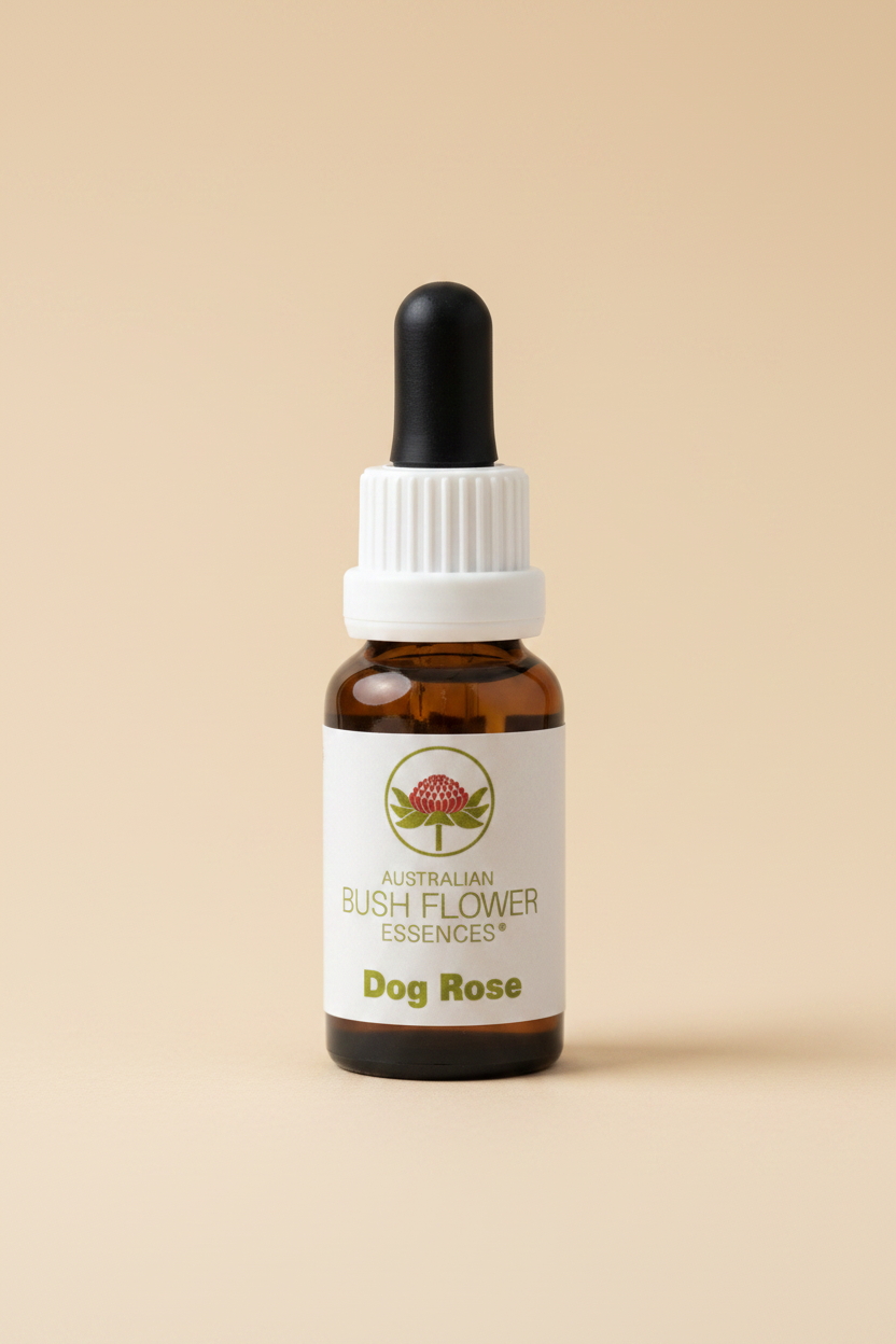 Bottle of Australian Bush Flower Essences Dog Rose with dropper on a blurred background
