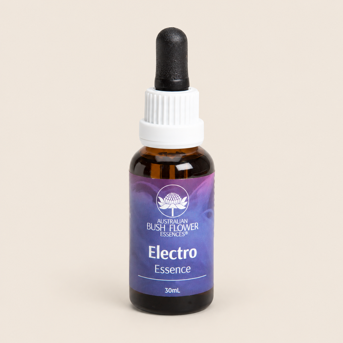 Australian Bush Flower Electro Essence Drops – 30ml — bottle front on beige background
