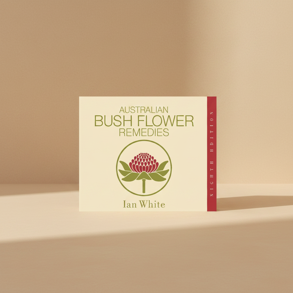 Book cover for 'Australian Bush Flower Remedies' by Ian White, Eighth Edition, featuring a beige background, a red and green warbler flower illustration, and a red vertical spine band.