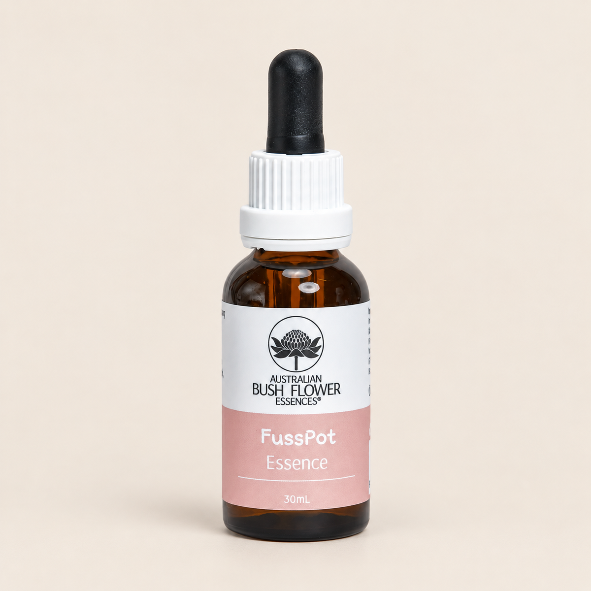 Australian Bush Flower FussPot Essence Drops – 30ml — bottle front on beige background