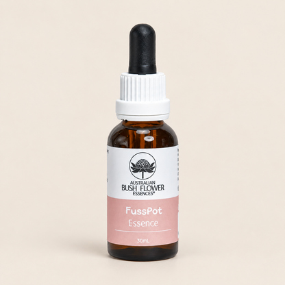 Australian Bush Flower FussPot Essence Drops – 30ml — bottle front on beige background