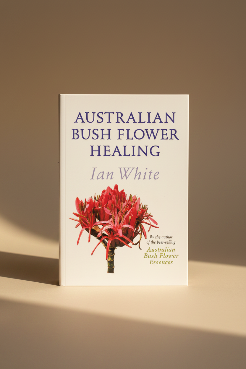 Book cover for 'Australian Bush Flower Healing' by Ian White, featuring a white background, purple title text, a red and pink bush flower illustration, and green author text.