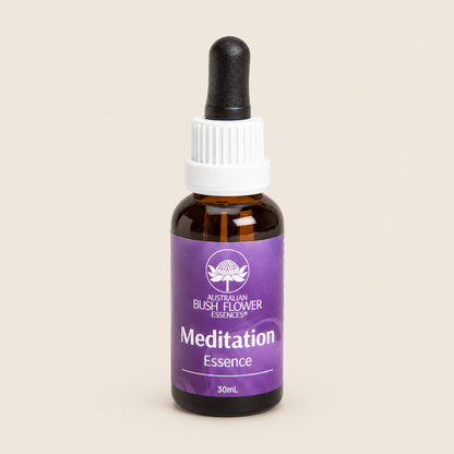 Australian Bush Flower Meditation Essence Drops – 30ml — bottle front on beige background