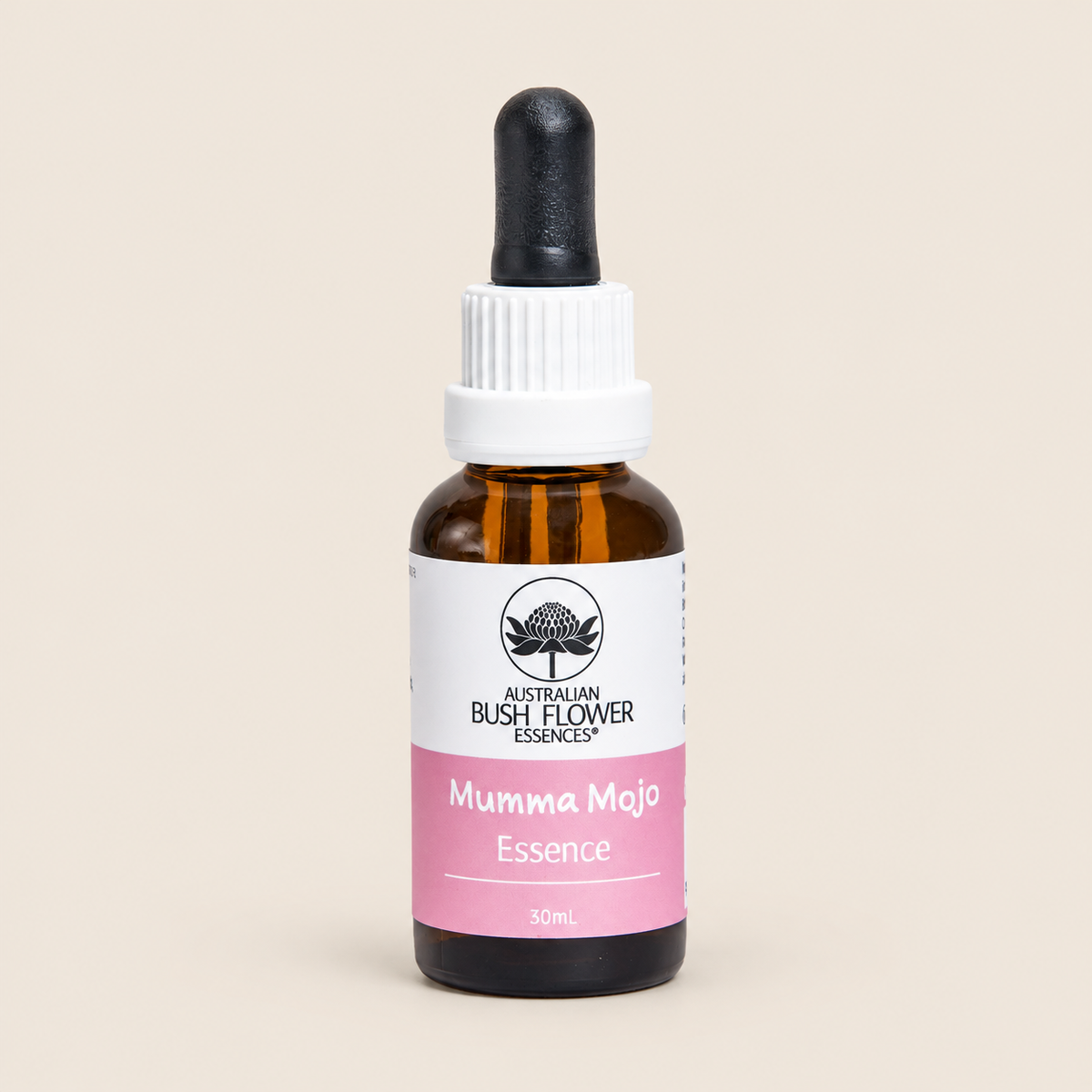 Australian Bush Flower Mumma Mojo Essence Drops – 30ml — bottle front on beige background