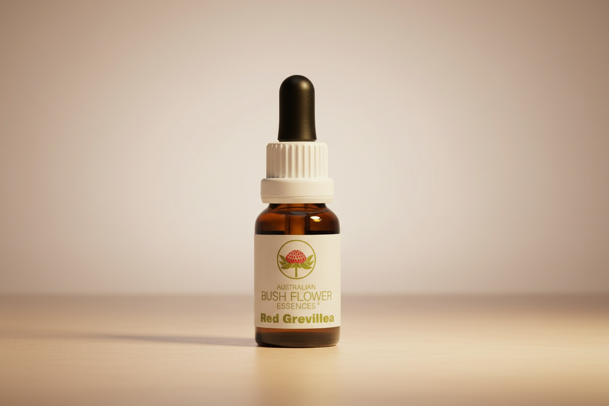 Bottle of Red Grevillea Australian Bush Flower Essences with dropper on a white background