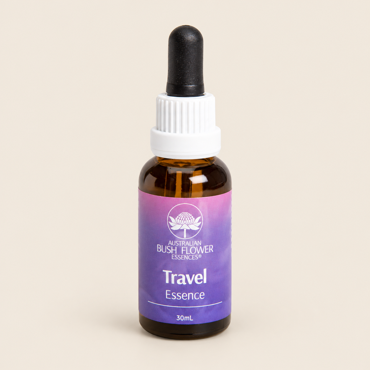 Australian Bush Flower travel 30ml — bottle on a warm beige background