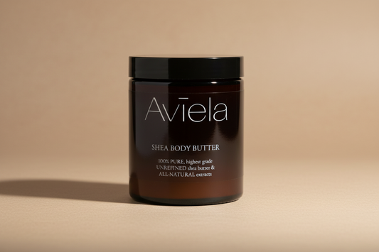 Black jar of Aviela Shea Body Butter on a white background