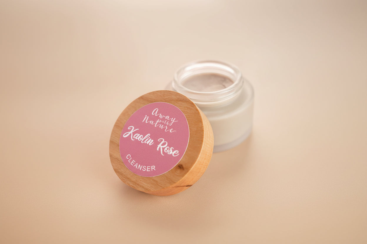 Cosmetic jar with wooden lid on a pink background