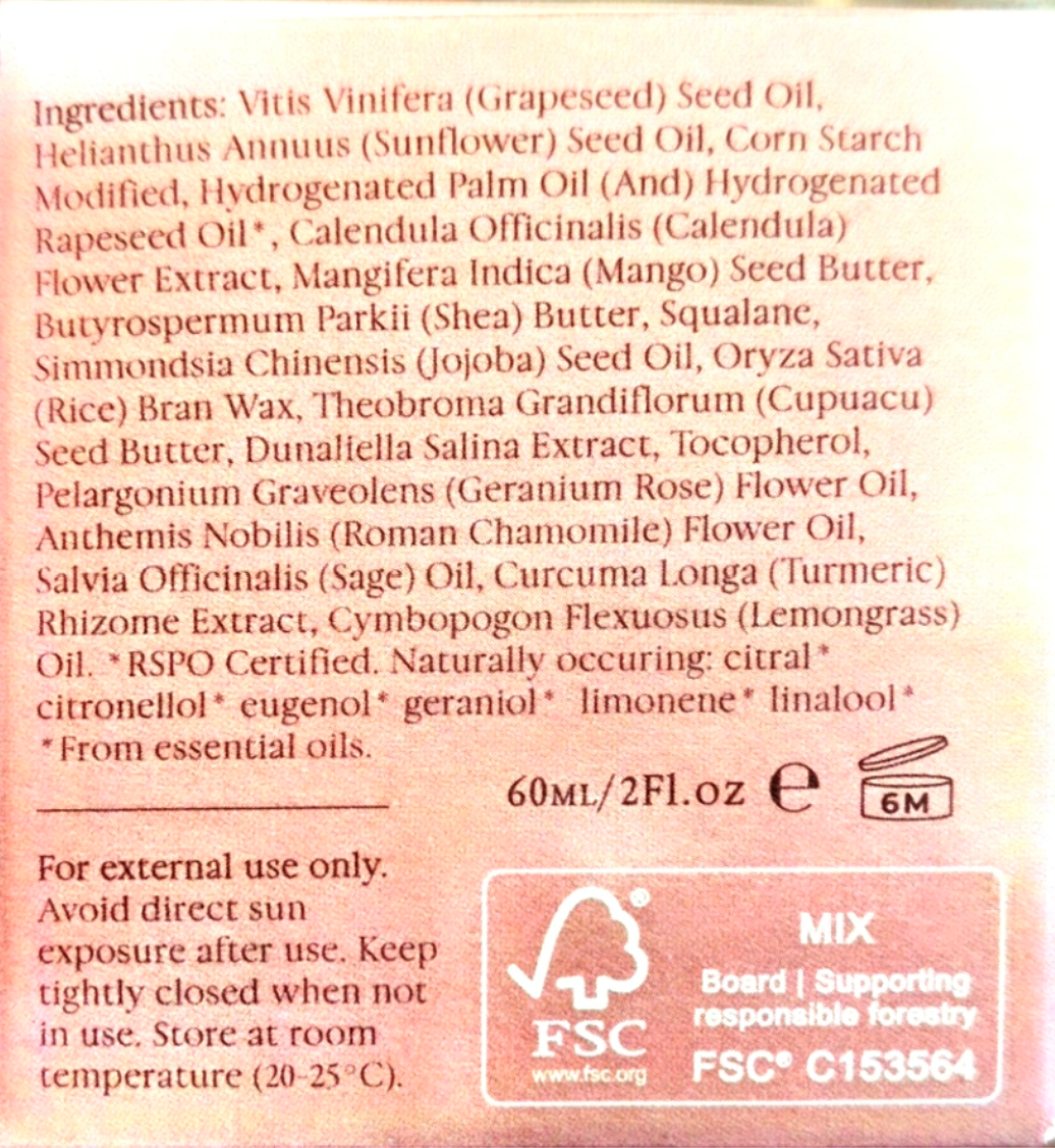 Back label of a 60ml bottle of Vitis Vinifera (Grapeseed) Seed Oil, showing ingredients, storage instructions, and FSC certification logos on a light pinkish-beige background.