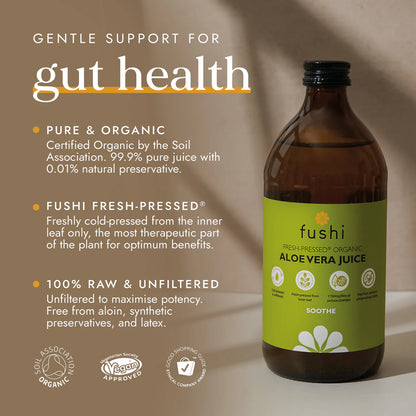 Fushi Aloe Vera Juice bottle beside product information