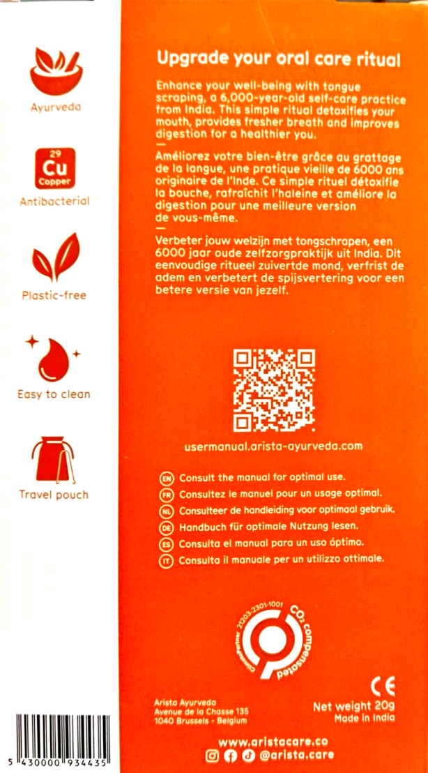 Back packaging of the Arita Ayurveda oral care pouch, featuring a bright orange background with product features, instructions in French and English, a QR code, and a barcode.