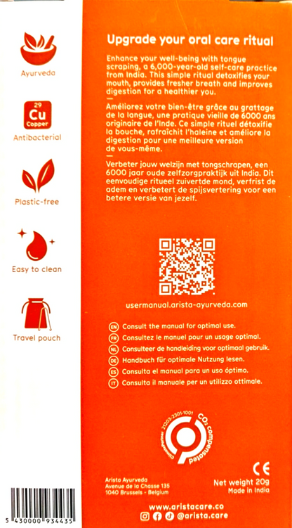 Back packaging of the Arita Ayurveda oral care pouch, featuring a bright orange background with product features, instructions in French and English, a QR code, and a barcode.