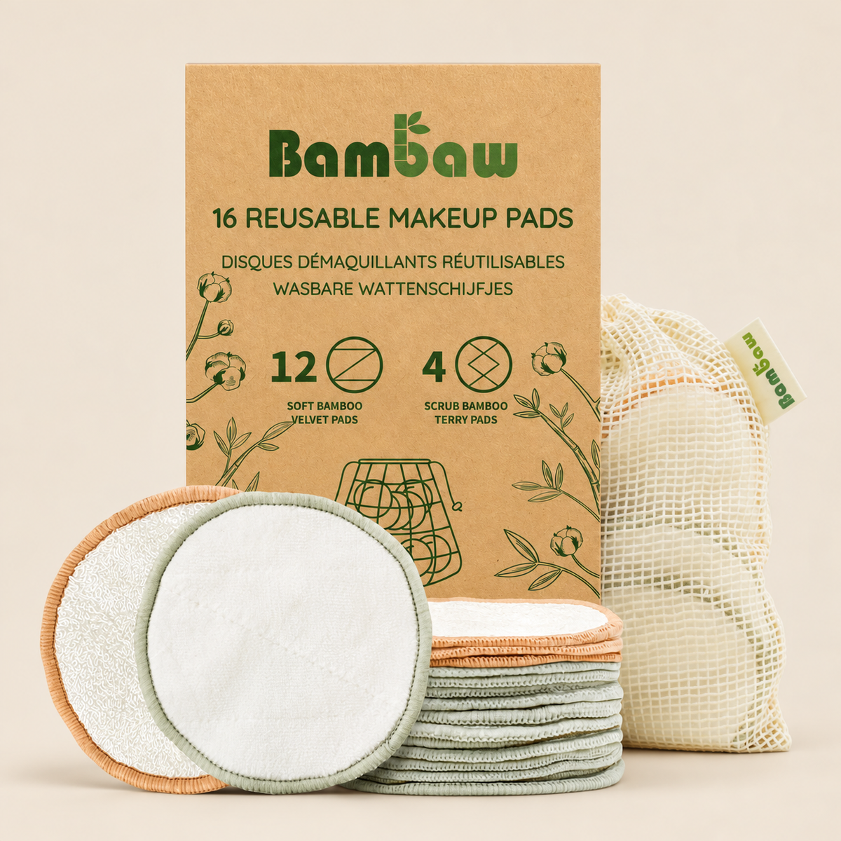 Bambaw Reusable Makeup Remover Pads – 16 pads on a warm beige background