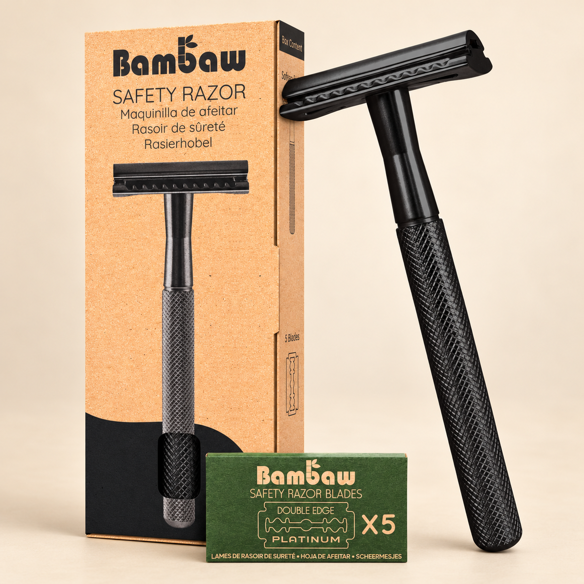 Bambaw Metal Safety Razor Black on a warm beige background