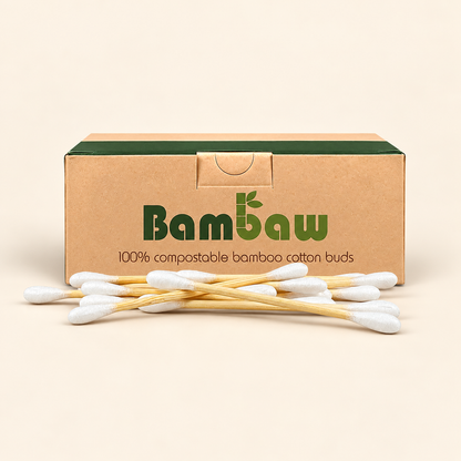 Bambaw Bamboo Cotton Buds 200 on a warm beige background