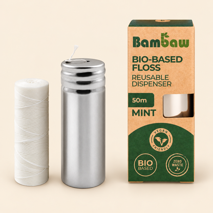 Bambaw PLA Dental Floss 50m with dispenser on a warm beige background