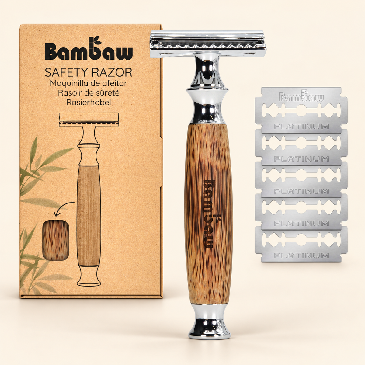 Bambaw Bamboo Safety Razor on a warm beige background