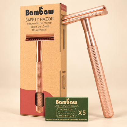 Bambaw Metal Safety Razor Rose Gold on a warm beige background