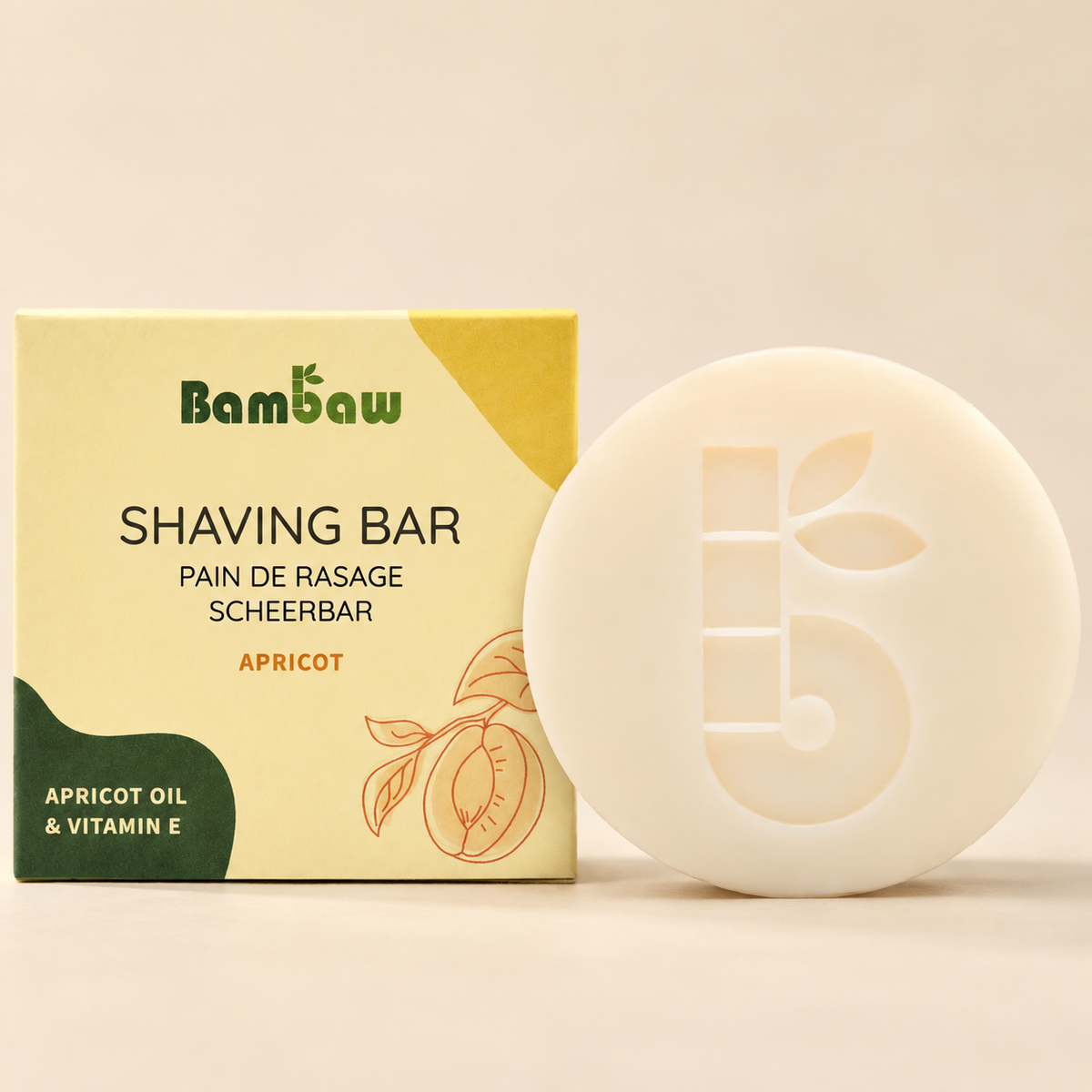 Bambaw Apricot Shaving Soap 80g on a warm beige background
