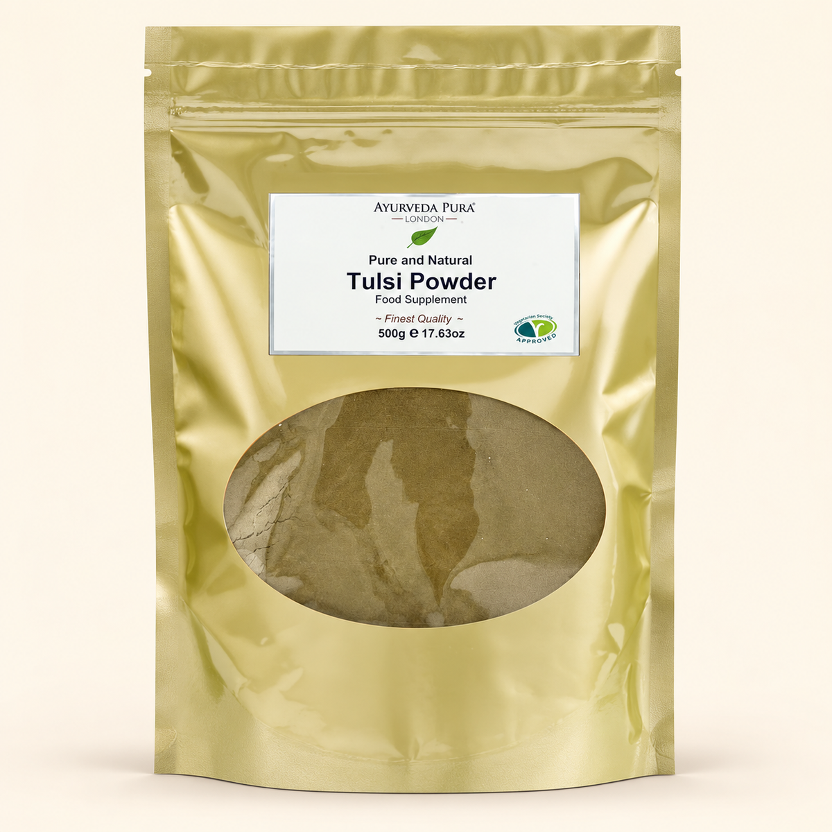 Ayurveda Pura Tulsi Powder 500g on a warm beige background