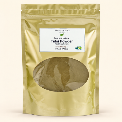 Ayurveda Pura Tulsi Powder 500g on a warm beige background