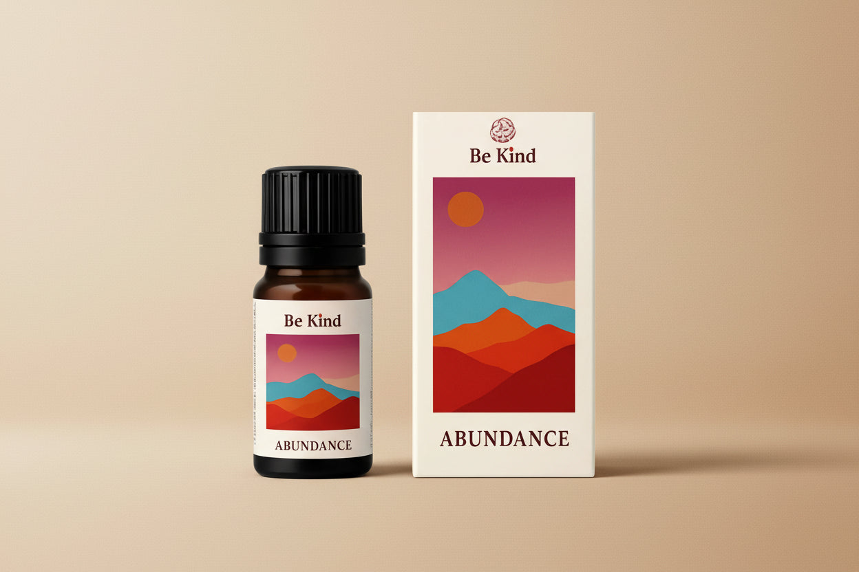 Bottle and box of 'Be Kind Abundance' product with mountain design on a white background