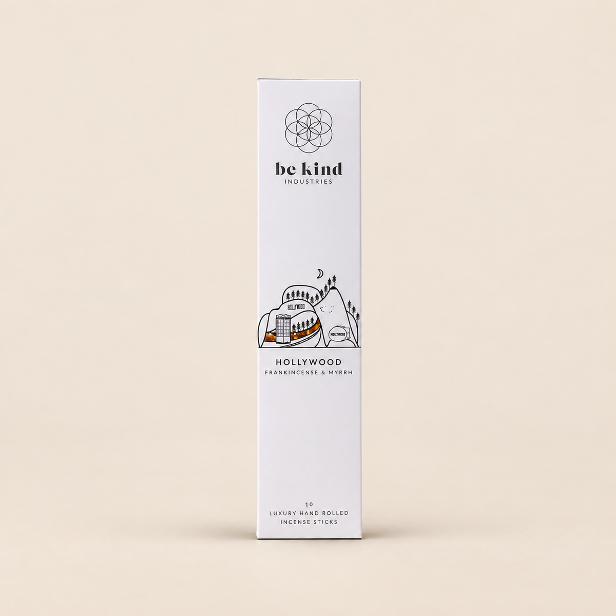 Be Kind Hollywood Frankincense & Myrrh Incense – 10 Sticks on a warm beige background