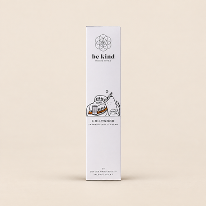 Be Kind Hollywood Frankincense & Myrrh Incense – 10 Sticks on a warm beige background