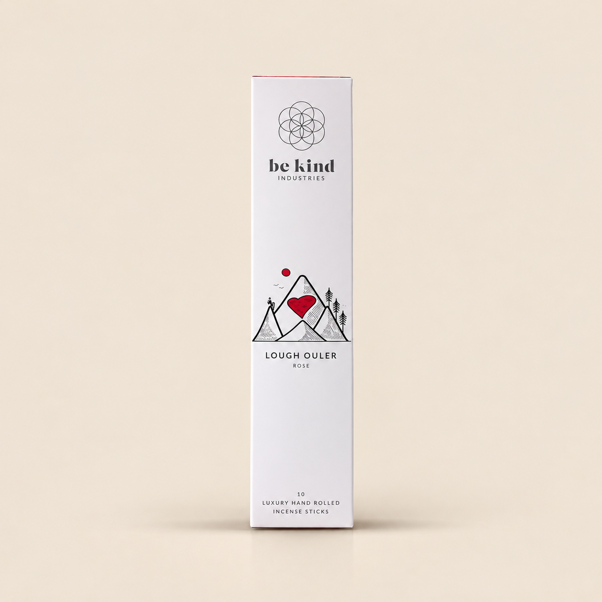Be Kind Lough Ouler Rose & Sandalwood Incense – 10 Sticks on a warm beige background