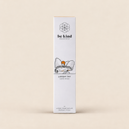 Be Kind Lough Tay Cedarwood Incense – 10 Sticks on a warm beige background