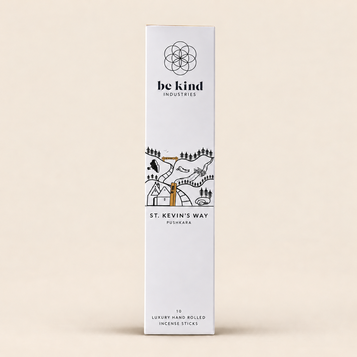 Be Kind St Kevin’s Way Pushkara Incense – 10 Sticks on a warm beige background