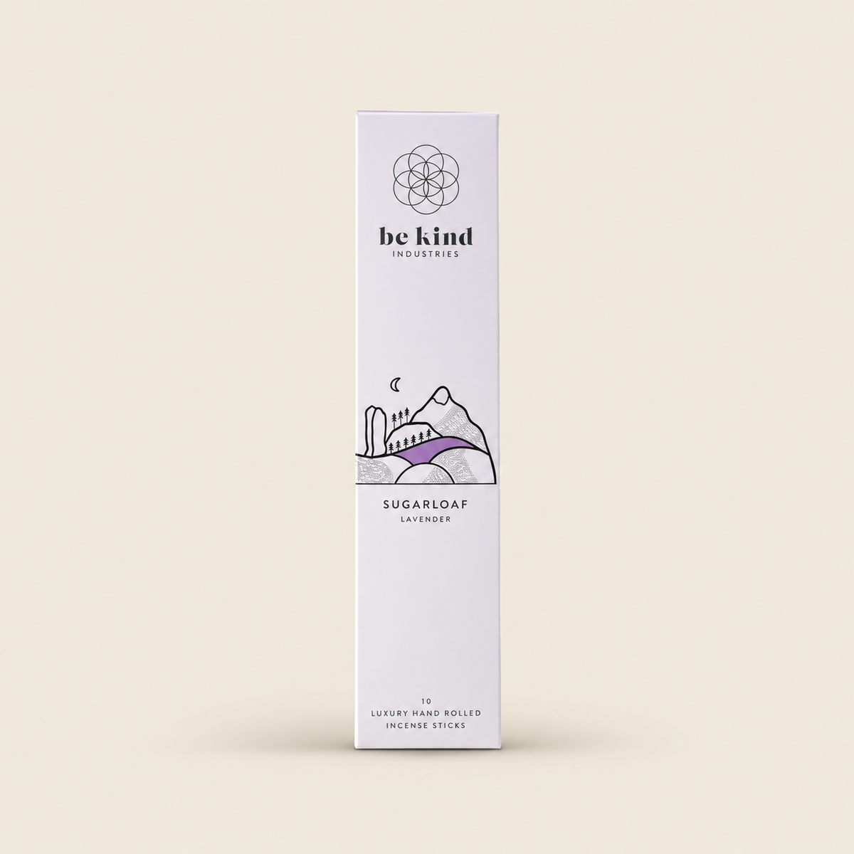 Be Kind Sugarloaf Lavender Incense – 10 Sticks on a warm beige background