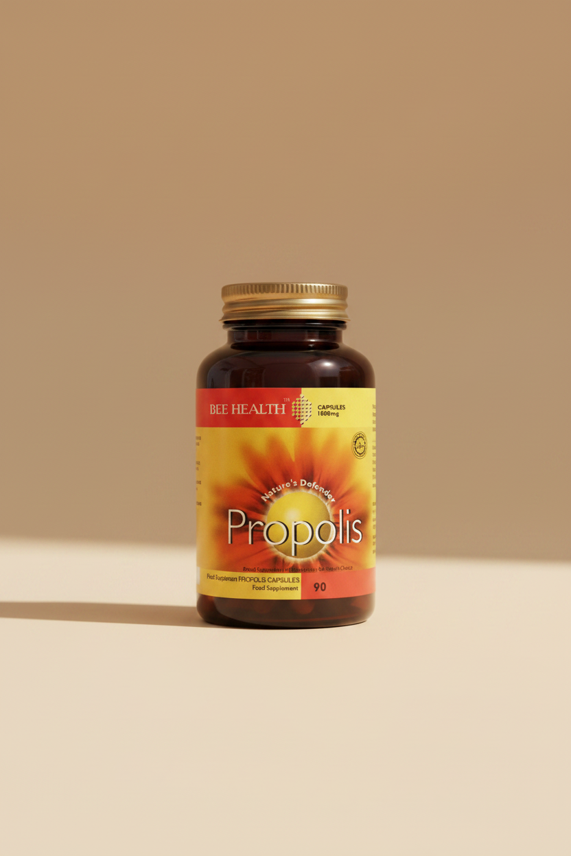 A bottle of Bee Health Propolis food supplement capsules, held in a hand. The bottle is dark amber brown with a gold cap, and the label features a yellow and orange bee-flower design with the brand name 'BEE HEALTH' and product name 'Propolis' in white text.