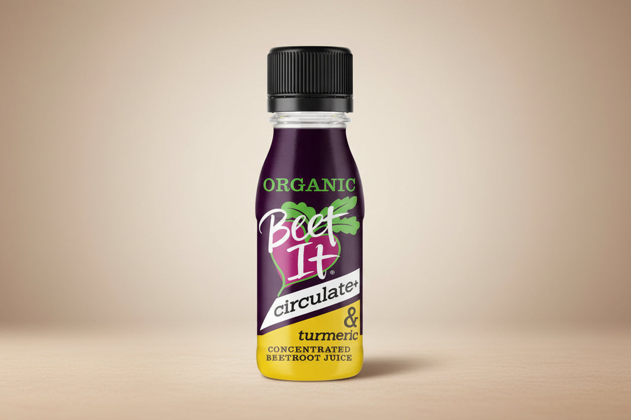 Bottle of Organic Beet It circulate+ with black cap on a white background