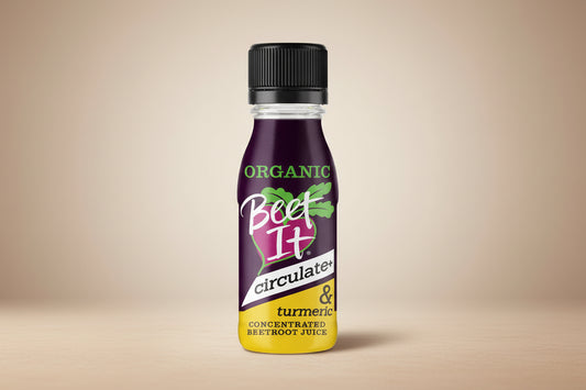 Bottle of Organic Beet It circulate+ with black cap on a white background