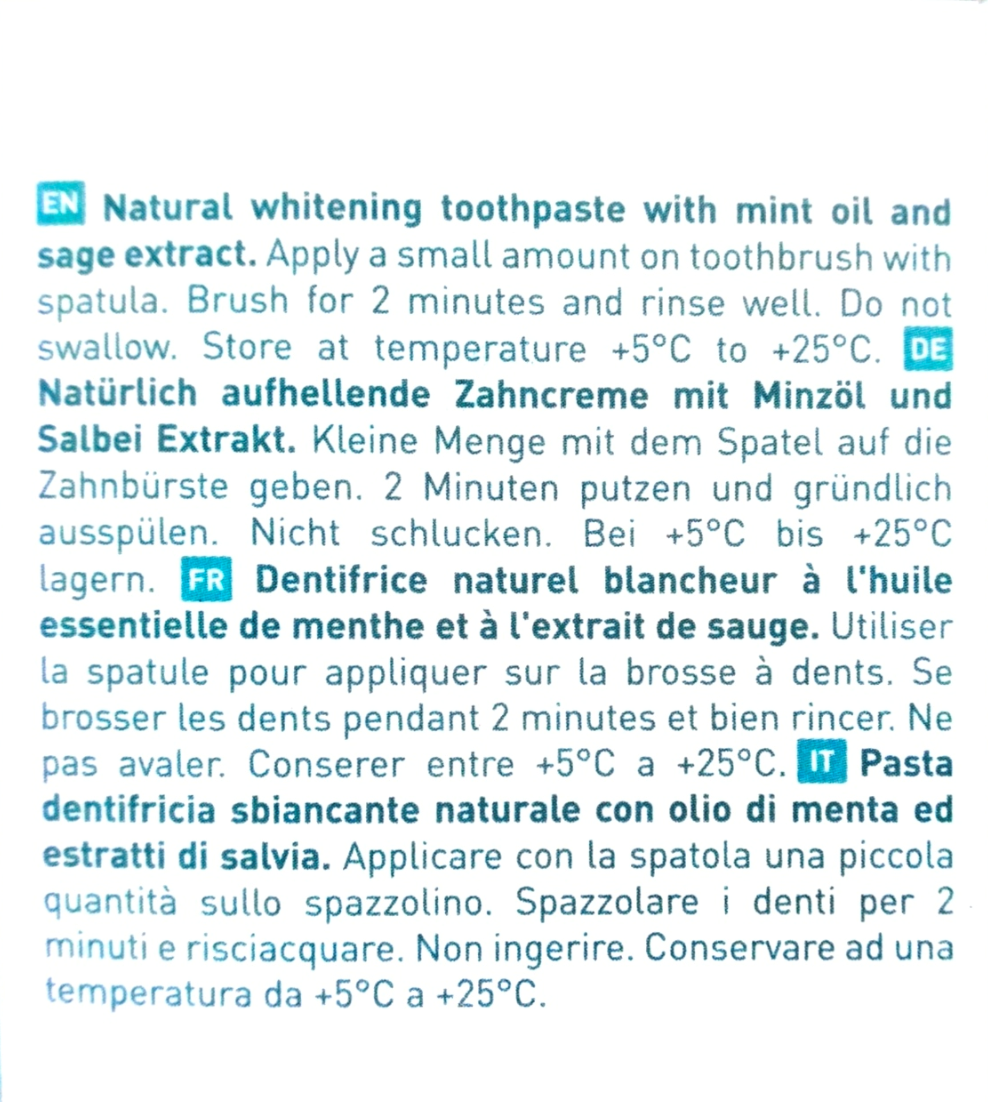 Instruction sheet showing translations of natural whitening toothpaste instructions in English, German, French, and Italian.