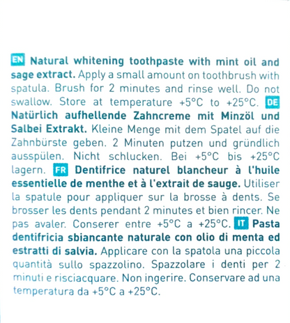 Instruction sheet showing translations of natural whitening toothpaste instructions in English, German, French, and Italian.