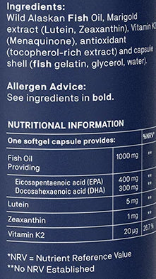 Key ingredients of Natroceutics Omega 3 Fortified – wild Alaskan fish oil with EPA and DHA, Lutemax 2020™, and K2Vital®.