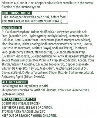 Back of a supplement package with text on vitamins, directions, ingredients, and storage information.