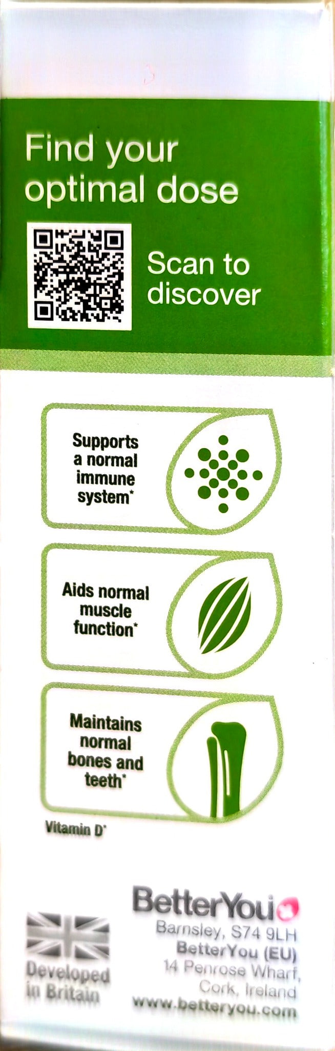 Better You D Lux 3000 Vitamin D oral spray packaging showing vitamin D benefits and BetterYou branding