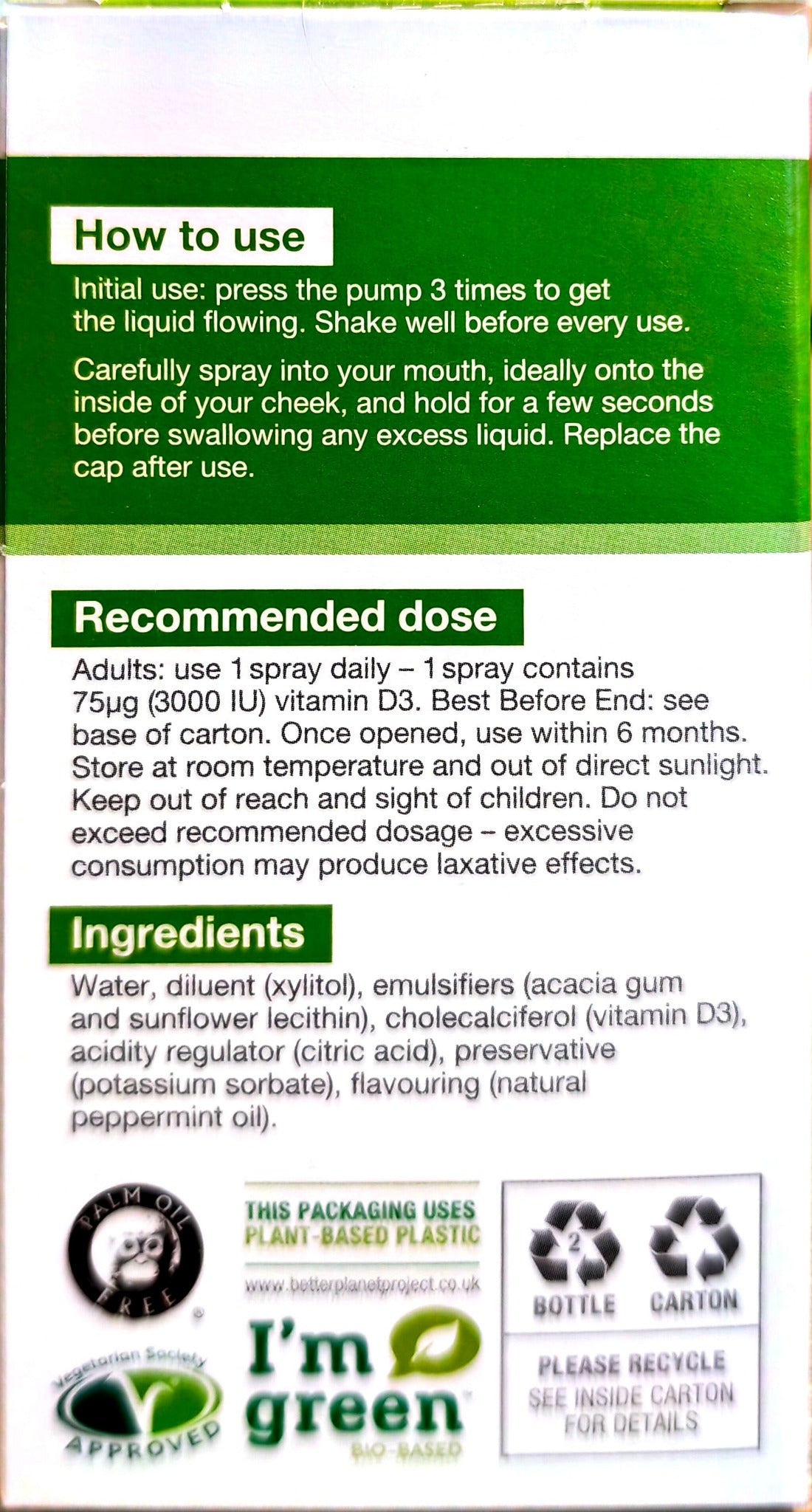 Better You D Lux 3000 Vitamin D oral spray ingredients, recommended dose and directions