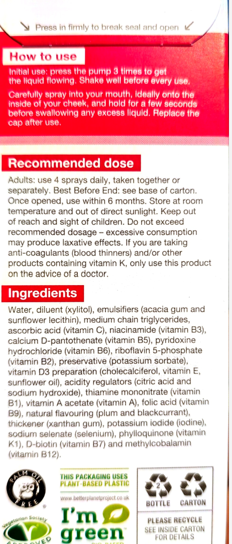 A printed product information card with a large green square logo and text reading 'How to use', 'Recommended dose', and 'Ingredients' on a white background.