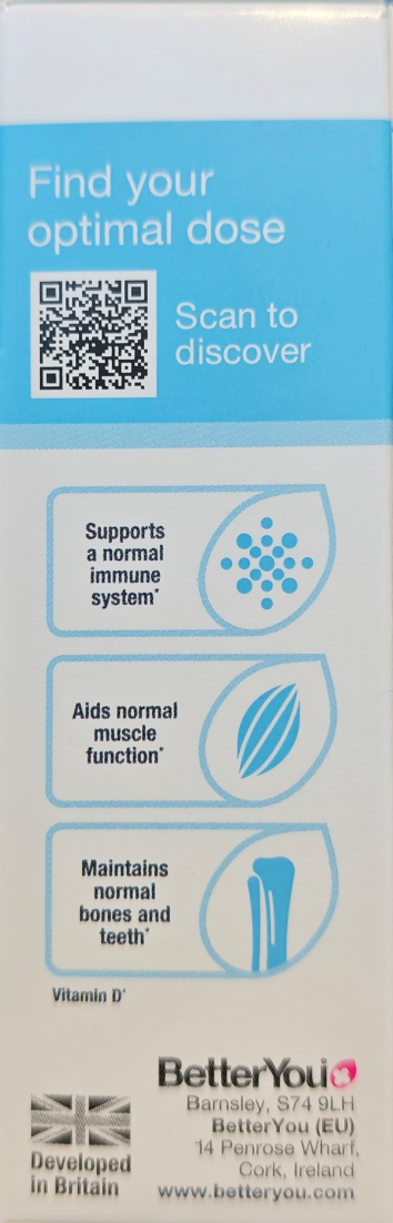 Product label for BetterYou Vitamin D supplement with text and icons on a blue background